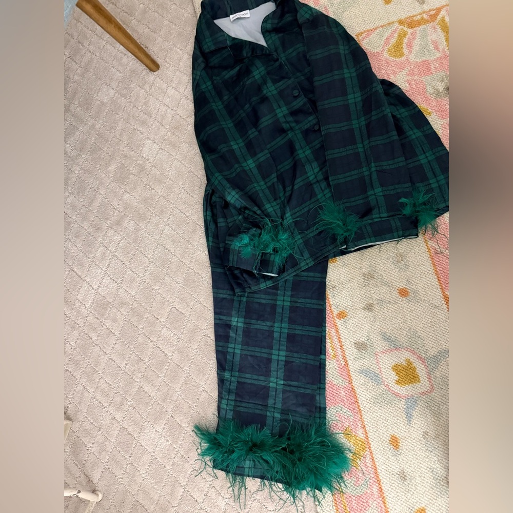 Green Plaid Pajama Set with Feather TrimBon Viviann